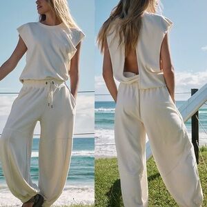 Free People Cream Cutout Back Jumpsuit